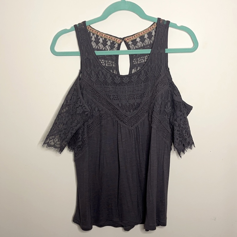 Grey Lace Cold Shoulder Top